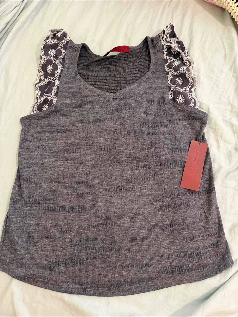 Scarlett Gray Tank Top with White Lace-Trimmed Shoulders